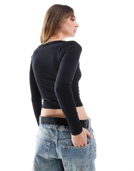 Cotton On Annie lace tie v neck long sleeve top in black, 4 of 4