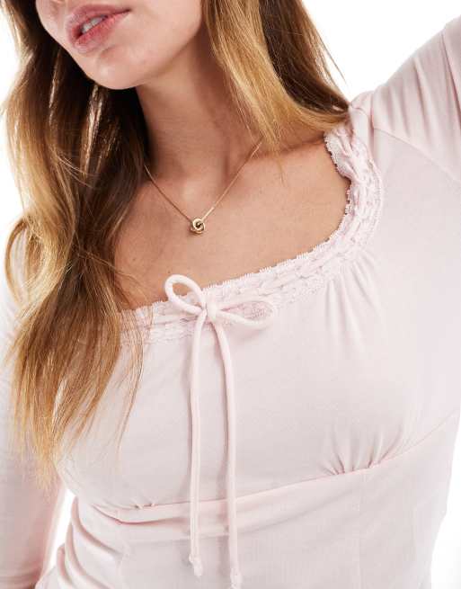 Cotton On - Annie - Top à manches longues et col V avec liens et dentelle - Rose, 2 de 4
