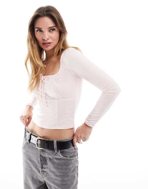 Cotton On - Annie - Top a maniche lunghe rosa con scollo a V e laccetto - view 1