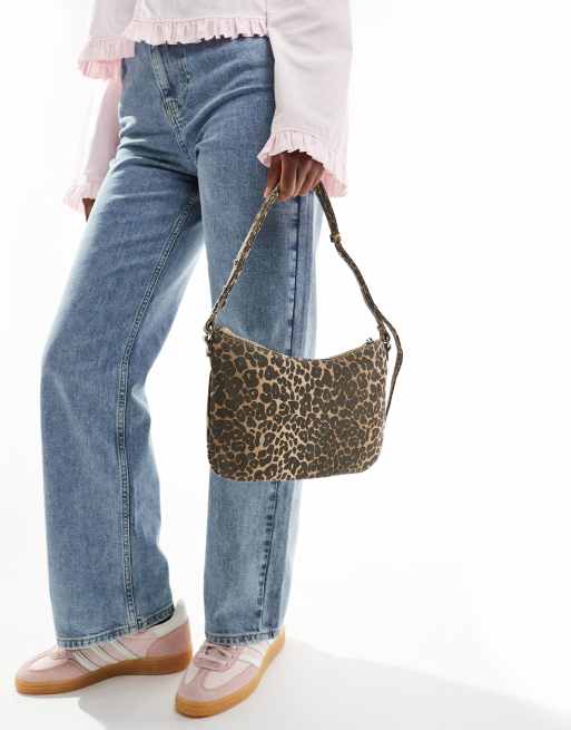 ★RAIVE★COTTON LEOPARD SHOULDER BAG H&M Cotton Twill Shopper Shoulder Bag Dark Brown / Leopard
