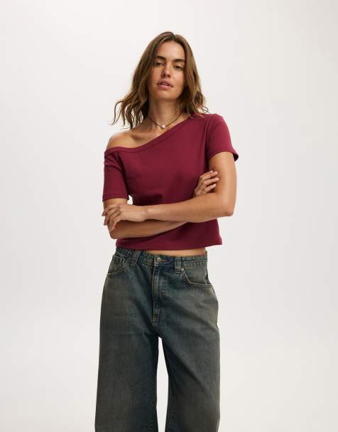 Cotton On Arlie asymmetric short sleeve in burgundy - AUBURN