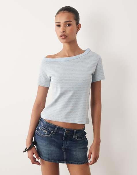 Cotton On - Arlie - Lyseblåmeleret/blommelilla asymmetrisk top med korte ærmer - view 1