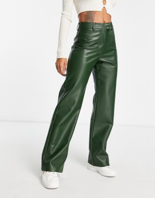 Green Leather Trousers With Front Stitching Detail - Gizia