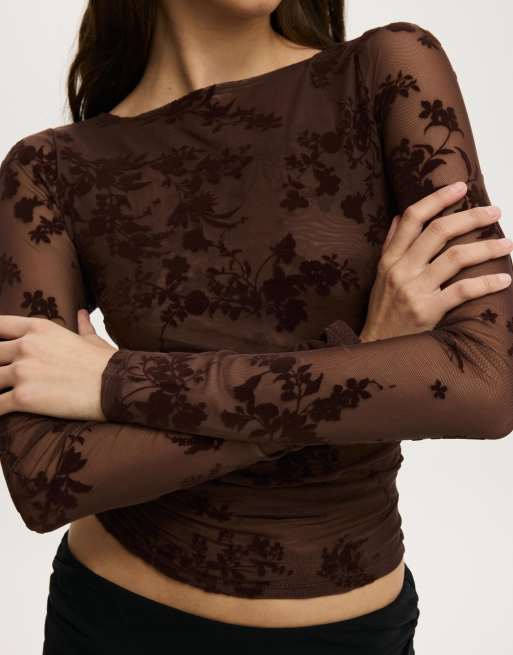 Cotton On – Ashley – Brązowy, siateczkowy top z długimi rękawami, 3 z 4