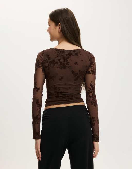 Cotton On – Ashley – Brązowy, siateczkowy top z długimi rękawami, 4 z 4