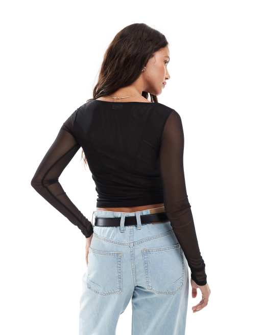 Cotton On – Ashley – Czarny siateczkowy top z długimi rękawami, 4 z 4