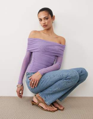 Ashley - Langärmliges, schulterfreies Netzstoff-Oberteil in Violet Crush-Lila Lila 2XS