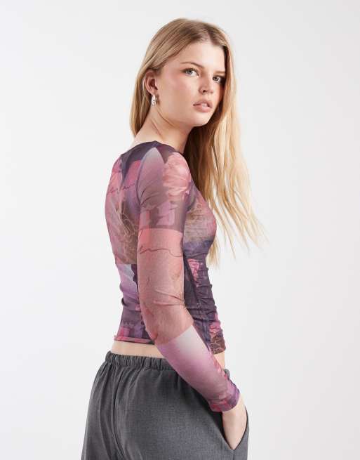 Cotton On Ashley mesh graphic long sleeve top in sunset bloom, 4 of 4