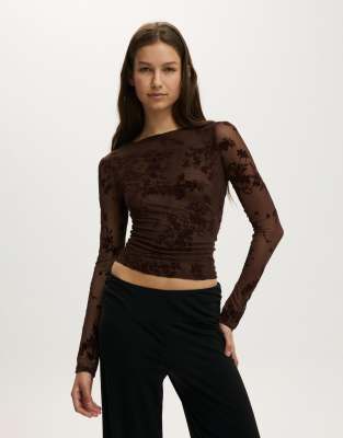 Cotton On Ashley mesh long sleeve top in brown | ASOS