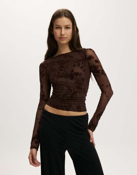 Cotton On Ashley mesh long sleeve top in brown - view 1