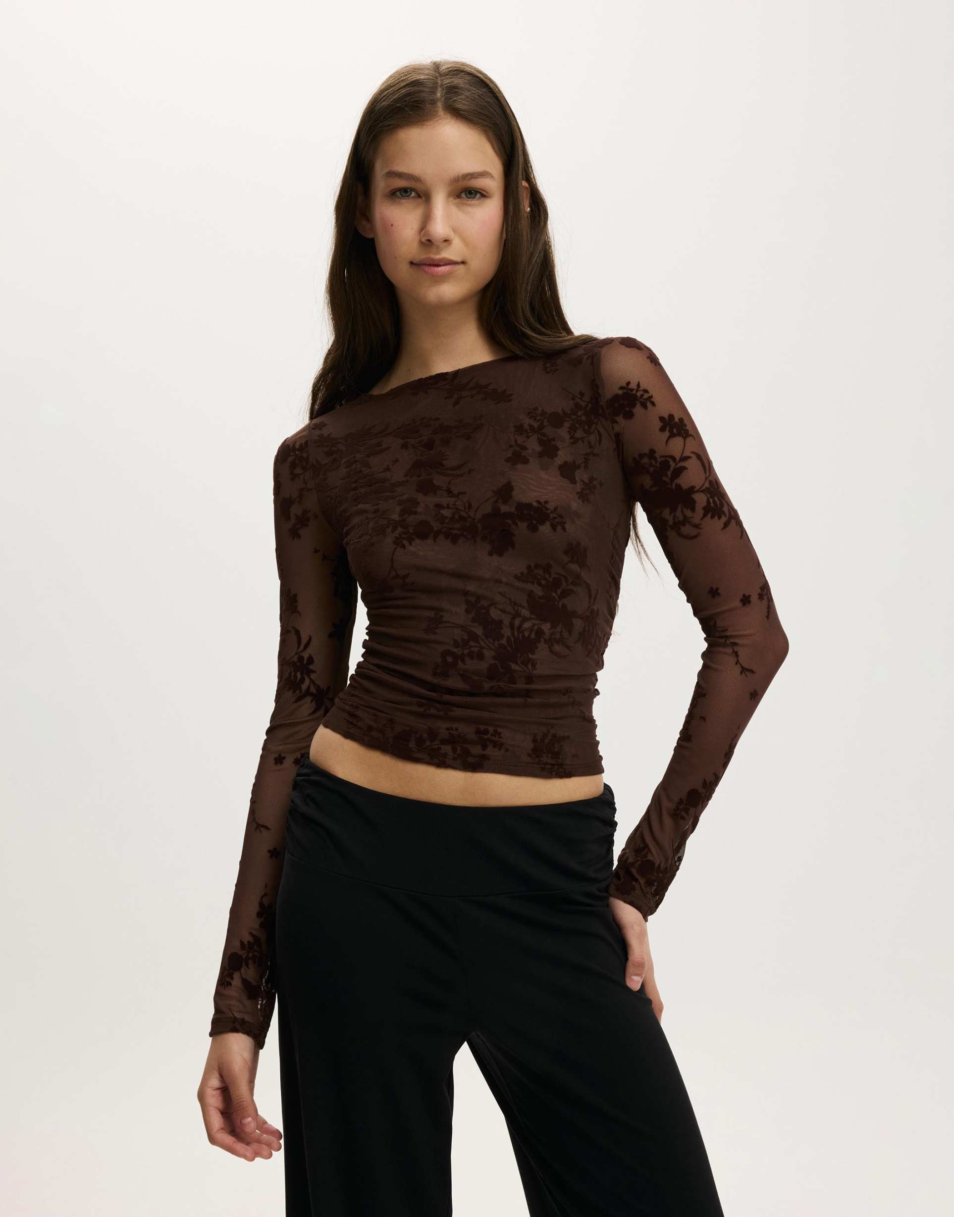 cotton on ashley mesh long sleeve top in brown