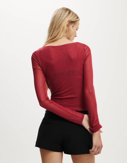 Cotton On Ashley mesh long sleeve top in burgundy - AUBURN, 4 of 4