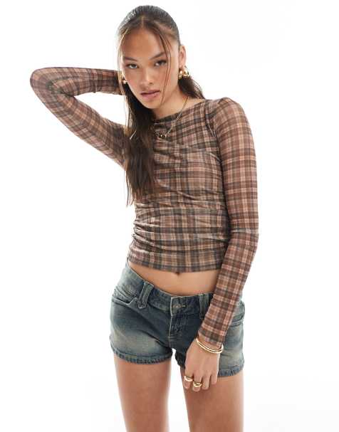 Cotton On ashley mesh long sleeve top in dark oak plaid - view 1