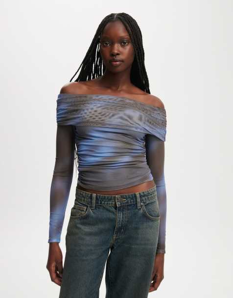 Cotton On Ashley off shoulder mesh long sleeve top in brown - view 1