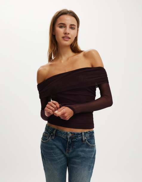 Cotton On Ashley off shoulder mesh long sleeve top in burgundy - view 1