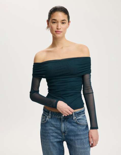 Cotton On Ashley off shoulder mesh long sleeve top in green