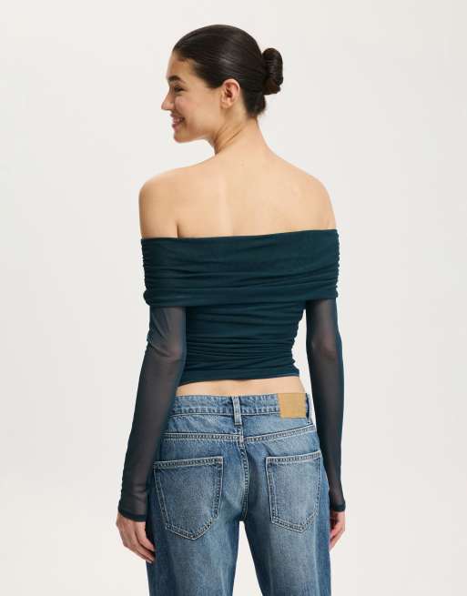 Cotton On Ashley off shoulder mesh long sleeve top in green, 2 of 4