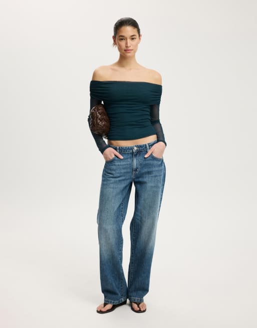 Cotton On Ashley off shoulder mesh long sleeve top in green, 3 of 4