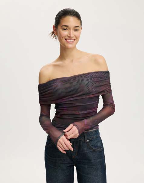 Cotton On Ashley off shoulder mesh long sleeve top in multi