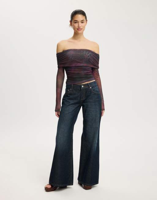 Cotton On Ashley off shoulder mesh long sleeve top in multi, 3 of 4
