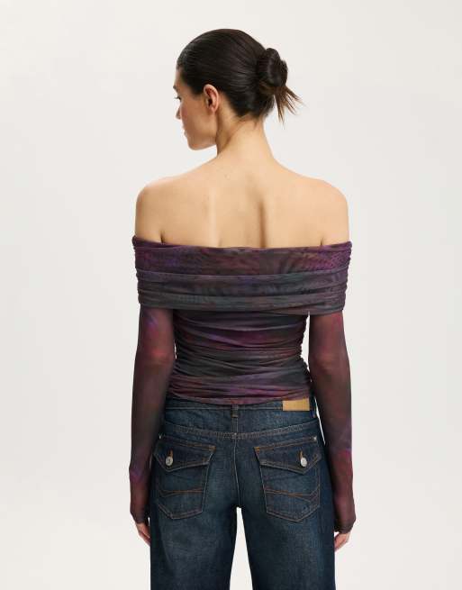 Cotton On Ashley off shoulder mesh long sleeve top in multi, 4 of 4