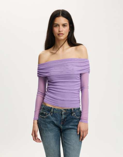 Cotton On Ashley off shoulder mesh long sleeve top in purple - view 1