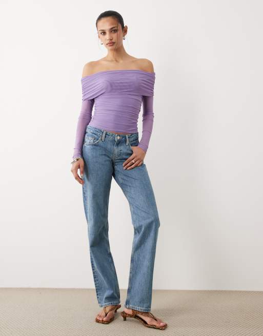 Cotton On ashley off shoulder mesh long sleeve top in violet crush, 2 of 4