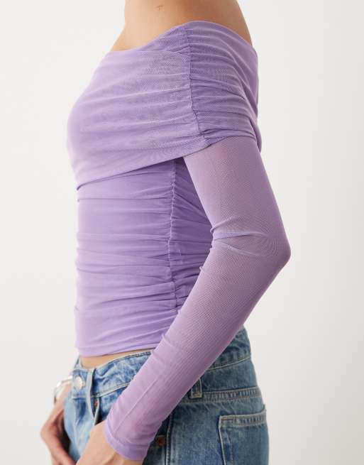 Cotton On ashley off shoulder mesh long sleeve top in violet crush, 3 of 4