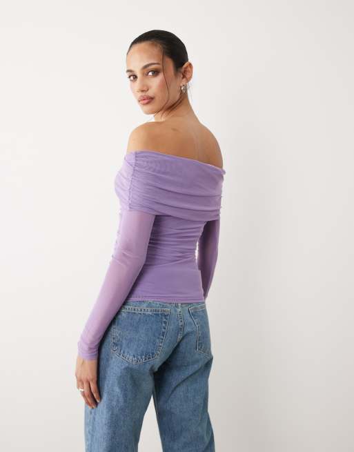 Cotton On ashley off shoulder mesh long sleeve top in violet crush, 4 of 4