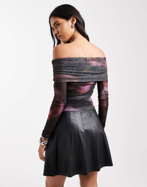 Cotton On ashley off the shoulder mesh top in dark oak, 3 of 4