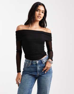 Cotton On - Ashley - Schulterfreies Netzstoff-Oberteil in Schwarz