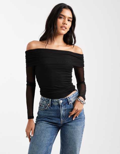 Cotton On – Ashley – Schulterfreies Netzstoff-Oberteil in Schwarz - view 1
