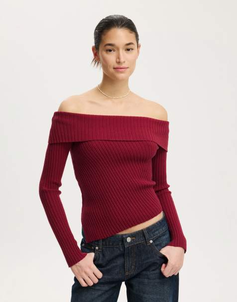 Cotton On Asym rib off shoulder knit in burgundy