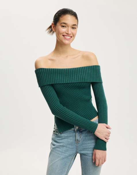 Cotton On Asym rib off shoulder knit in green