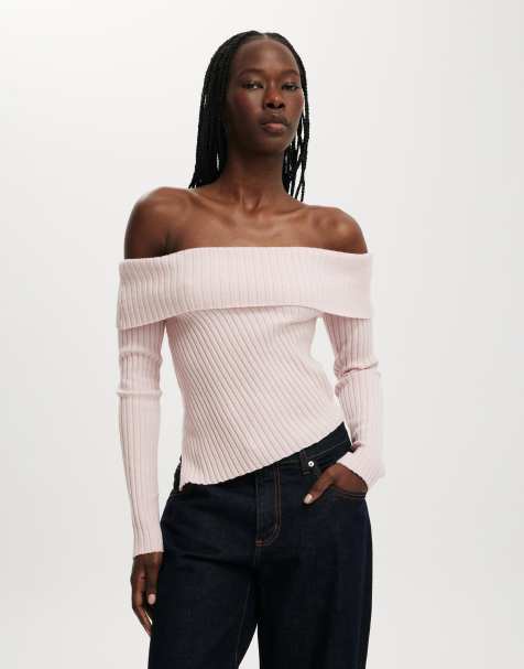 Cotton On Asym rib off shoulder knit in pink