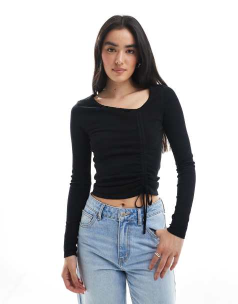 Cotton On asymmetric ruched knit top in black - view 1