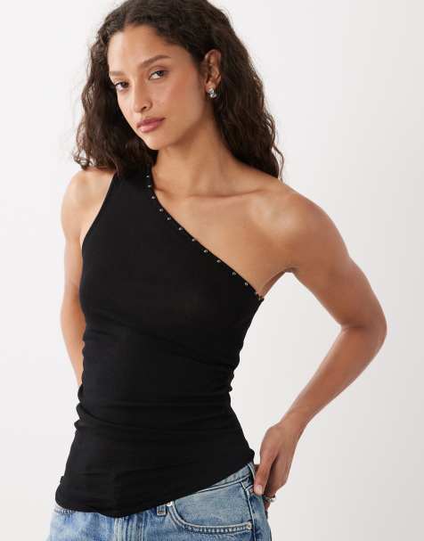 Cotton On – Asymmetrisches Strickoberteil in Schwarz mit Nietenbesatz - view 1