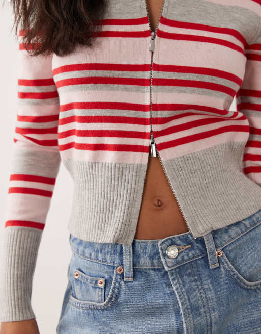 Cotton On åtsittande stickad huvtröja i petal red grey marle stripe, 3 av 4
