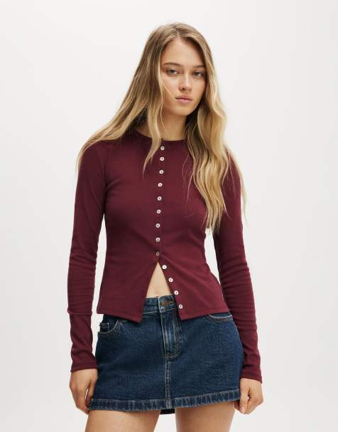Cotton  On Bailey button detail cardi in burgundy - view 1