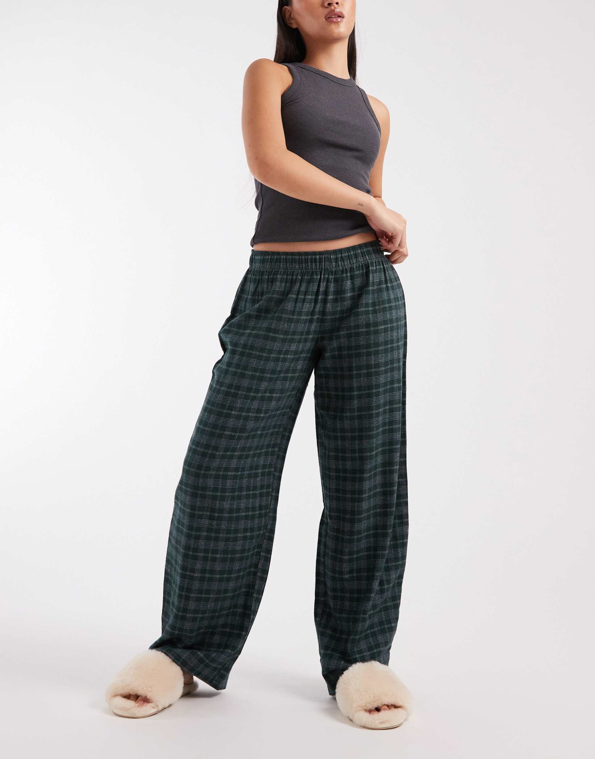 cotton on barrel leg flannel lounge pants in pine cone green and blue