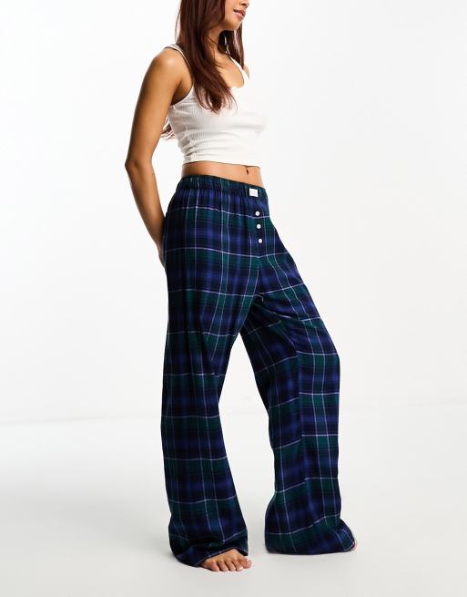 Cotton On - Bas de pyjama boyfriend en flanelle coupe carrée - Bleu marine et vert à carreaux 