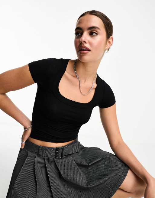 Cotton On - Basic geribbelde top met lage ronde hals en korte mouwen in zwart