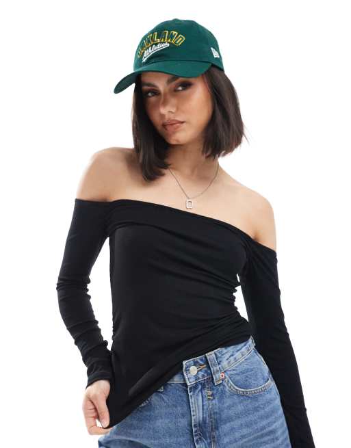Cotton On - Basic geribbelde top met rimpeleffect en blote schouders in zwart
