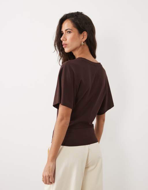 Cotton On batwing v neck top in dark oak, 3 of 4