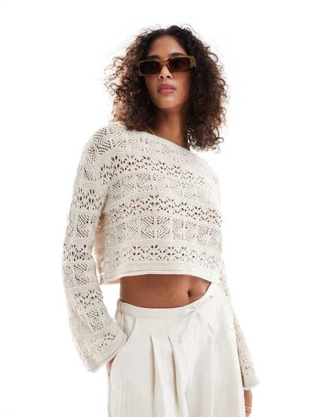 Cotton On - Beige pullover i hæklet materiale med bådudskæring - view 1