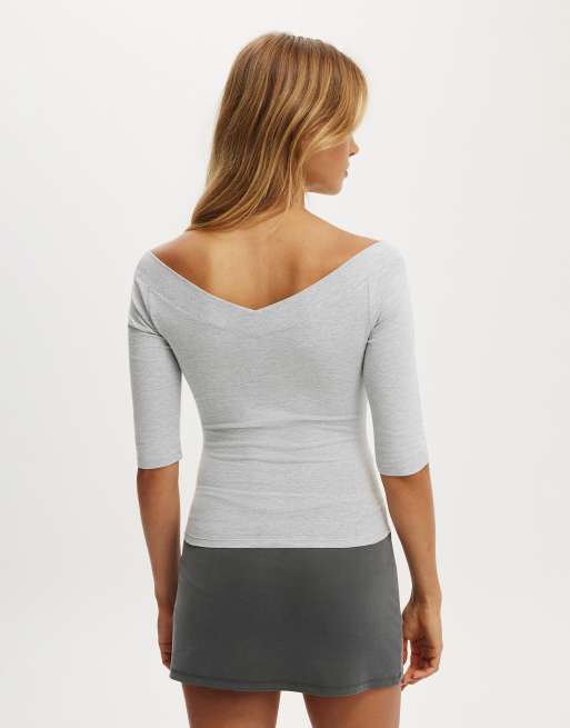 Cotton On Bella off shoulder v neck 3/4 tee in grey, 4 of 4