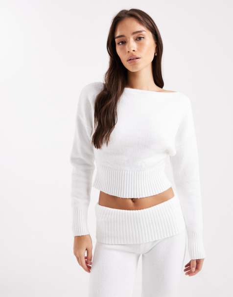 Cotton On – Biały domowy sweter dzianinowy o krótkim fasonie z odsłoniętymi ramionami - view 1