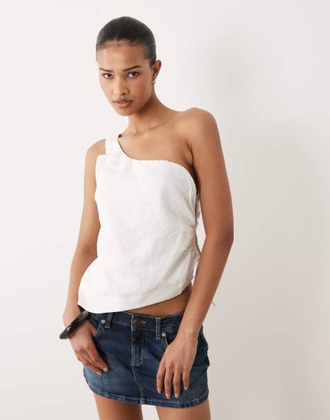 Cotton On – Biały lniany top z asymetrycznymi ramionami - view 1