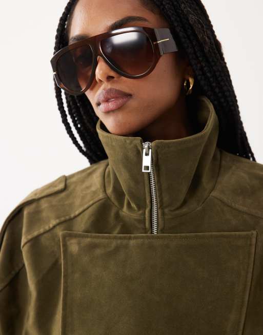 Cotton On Bikerjacke in dunklem Olivgrün in Wildlederoptik, 2 von 4
