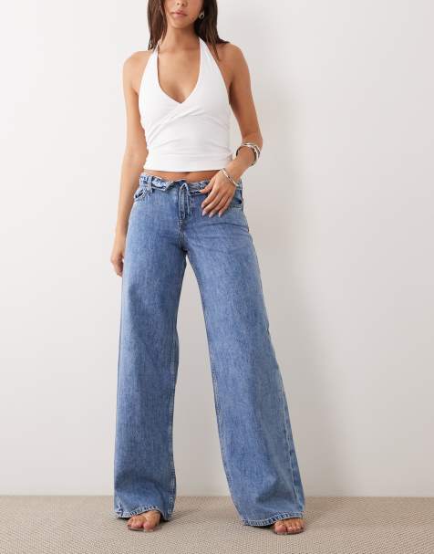 Cotton On - Blå lavtaljede jeans med vide ben og foldedetalje - view 1